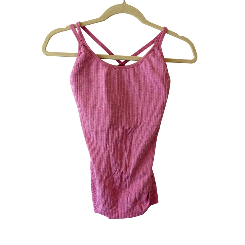 CRZ YOGA Strappy Pink Ribbed Workout Tank Top Built-in Bra XS 0/2